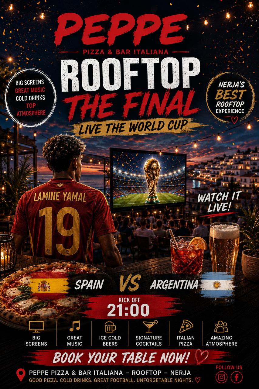Cartel del evento en Peppe Pizza Nerja: final del Mundial 2026 España vs Argentina en el rooftop, domingo 19 de julio a las 21:00