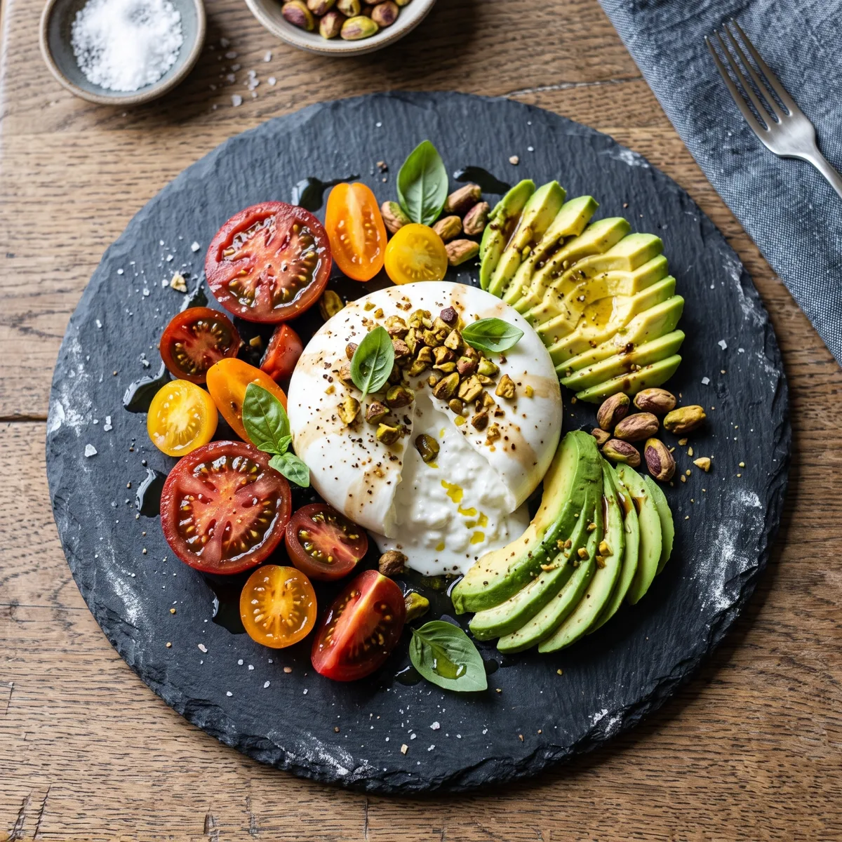 Burrata Pistacho con tomate de la Axarquía, aguacate y pistachos tostados en Peppe Pizza, Nerja