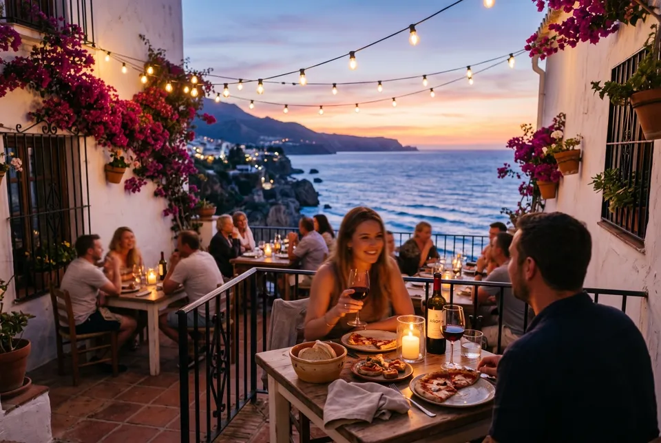 Terraza rooftop de Peppe Pizza en Nerja al atardecer, donde se sirven los cócteles, con el Mediterráneo de fondo